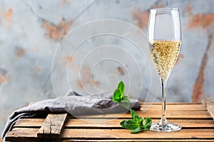 Alcohol drink, beverage, champagne sparkling wine in a flute glass