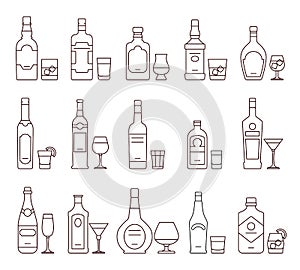 Alcohol drink beverages outline icons, bottles and glasses thin line symbols