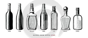 Alcohol drink bottle collection hand draw vintage style black and white clipart isolated on white background