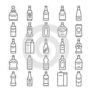 Alcohol drink bottles and beverage vector line icons set