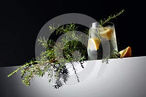 Alcohol drink (gin tonic cocktail) with lemon  juniper branch  and ice on a dark reflective background