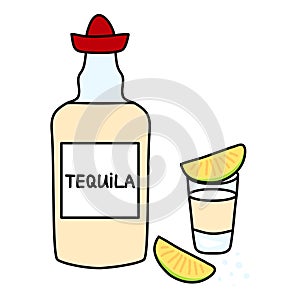 Alcohol drink Tequila, yellow bottle with red hat, glass shot with slice of lime and salt, vector