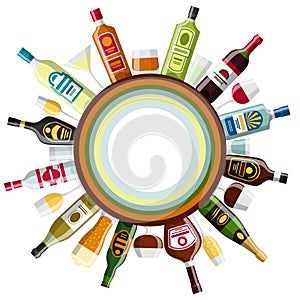 Alcohol drinks background design. Bottles, glasses for restaurants and bars