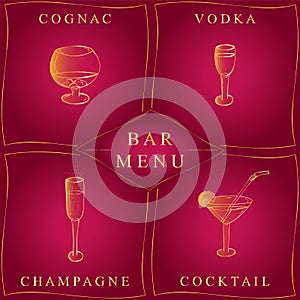 Alcohol Drinks.Bar Menu. Set of Hand-Drawn Wineglasses in Golden Frames. Glasses with Cognac, Vodka, Champagne and Cocktail