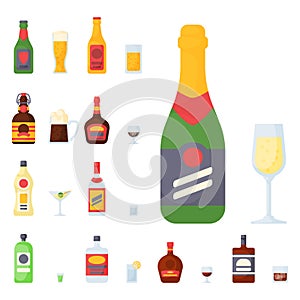 Alcohol drinks beverages cocktail bottle lager container drunk different glasses vector illustration.