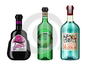 Alcohol drinks in a bottle with different vintage labels. Realistic Absent Liqueur Tequila. Vector illustration for the