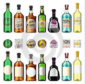 Alcohol drinks in a bottle with different vintage labels. Realistic Absent Liqueur Tequila Wine Whiskey Beer Rum. Vector