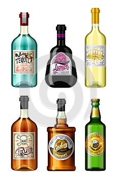 Alcohol drinks in a bottle with different vintage labels. Realistic Absent Liqueur Tequila Wine Whiskey Beer Rum. Vector