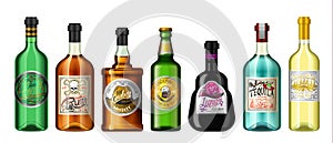 Alcohol drinks in a bottle with different vintage labels. Realistic Absent Liqueur Tequila Wine Whiskey Beer Rum. Vector