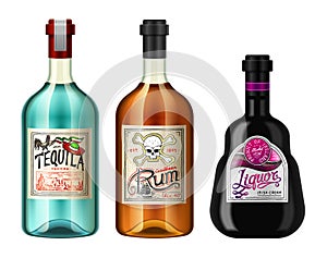 Alcohol drinks in a bottle with different vintage labels. Realistic Liqueur Tequila Rum. Vector illustration for the