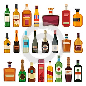 Alcohol drinks in bottles. Flat whiskey, liquor, beer in glass bottle. Cartoon bar cocktail beverages, rum, wine and