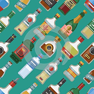 Alcohol drinks cocktail bottle seamless pattern lager container drunk different glasses vector illustration.