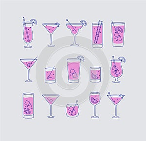 Alcohol drinks and cocktails icon flat set grey