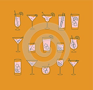 Alcohol drinks and cocktails icon flat set orange