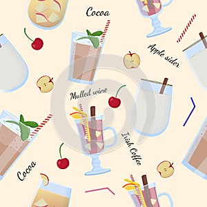 Alcohol drinks and cocktails seamless pattern. Apple sider, mulled wine