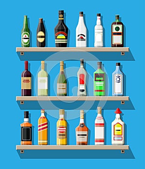 Alcohol drinks collection. Bottles on shelf