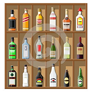 Alcohol drinks collection. Bottles on shelf