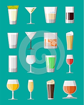 Alcohol drinks collection in glasses.