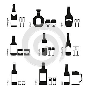 Alcohol drinks glasses and bottles icons