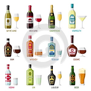 Alcohol drinks icon set. Bottles, glasses for restaurants and bars