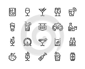 Alcohol drinks line icons. Cocktails, beer bottle and beverages, vermouth margarita and other tropical drinks. Vector