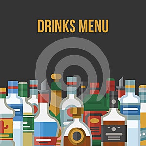 Alcohol drinks menu vector illustration poster. Bar alcoholic poster. Bottles of whiskey, scotch, vodka and apperitive