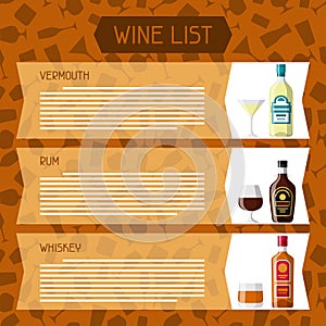 Alcohol drinks menu or wine list. Bottles, glasses for restaurants and bars