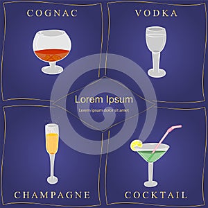 Alcohol Drinks. Set of Hand-Drawn Wineglasses in Golden Frames on Blue. Glasses with Cognac, Vodka, Champagne and Cocktai