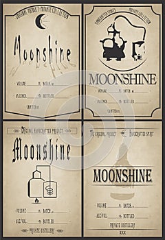 Alcohol drinks vintage labels. Vintage design moonshine label. photo