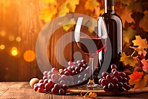 alcohol food drink sunset grape winery wine bottle glass background beverage. Generative AI.