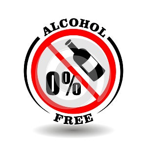 Alcohol free vector icon for product packaging symbol, isolated on white. Round prohibited stamp No alcohol 0% percents contains