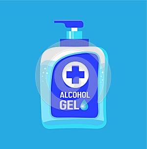 Alcohol gel bottle hand sanitizer with cross sign symbol and text. Washing alcohol gel used against coronavirus covid-19, bacteria