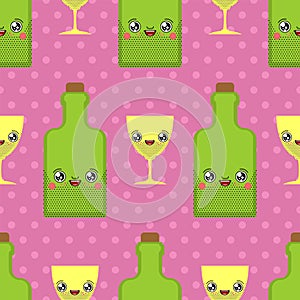 Alcohol and glass kawaii pattern seamless Cute cartoon. Funny Bottle background. Sweet Drink vector texture