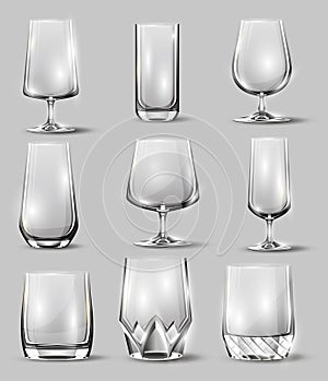 Alcohol glasses set. Transparent empty realistic mockup stemware for different drinks. Vector illustration