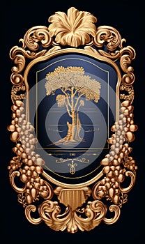 Alcohol industry emblem, distilling industry symbol of grape wine and tree.