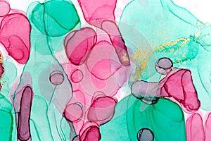 Alcohol ink abstract background. Floral style watercolor texture. Pink, green and gold paint stains illustration.