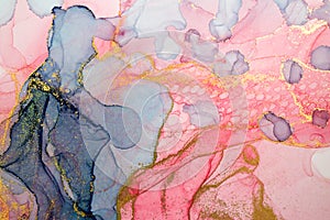 Alcohol ink abstract background. Watercolor style texture. Pink, blue and gold paint stains illustration.