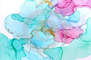 Alcohol ink abstract background. Watercolor style texture. Pink, blue and gold paint stains illustration.