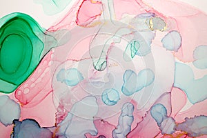 Alcohol ink abstract background. Watercolor style texture. Pink, blue and gold paint stains illustration.