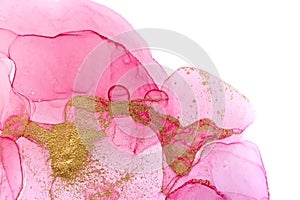 Alcohol ink blue abstract background. Floral style watercolor texture. Pink and gold paint stains illustration.