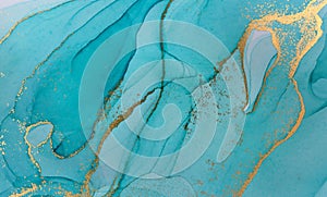 Alcohol ink blue and gold abstract background. Ocean style watercolor texture.