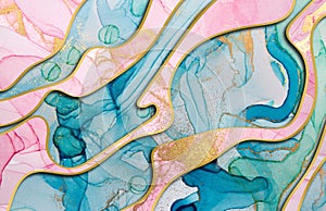 Alcohol ink blue and pink abstract background with golden layers. Ocean style watercolor texture.