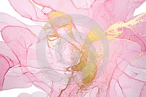 Alcohol ink pink abstract background. Floral style watercolor texture. Pink and gold paint stains illustration.