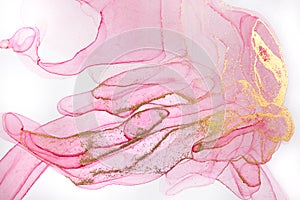Alcohol ink pink abstract background. Floral style watercolor texture. Pink and gold paint stains illustration.