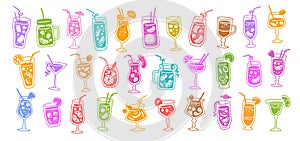 Alcohol and juice cocktails icon set. Summer holiday and beach party concept. Vector illustration for restaurant menu