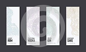 Alcohol label set of topographic line map. Wood rings, vector line pattern of shape countour. Outline pattern for brand