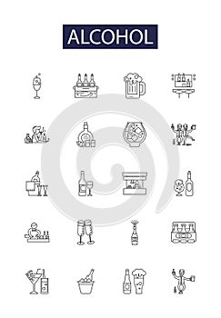 Alcohol line vector icons and signs. Beer, Wine, Drink, Whiskey, Moonshine, Shots, Tequila, Liqueur outline vector
