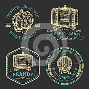 Alcohol logos.Wooden barrels set with drinks signs of cognac,brandy,whiskey,wine,beer.Labels, badges with sketched kegs.