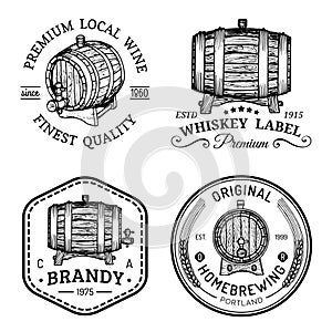 Alcohol logos.Wooden barrels set with drinks signs of cognac,brandy,whiskey,wine,beer.Labels, badges with sketched kegs.