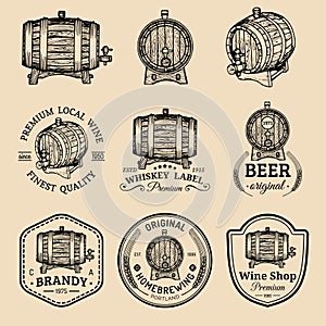 Alcohol logos. Wooden barrels set with drinks signs of cognac,brandy,whiskey,wine,beer. Labels with hand sketched kegs.